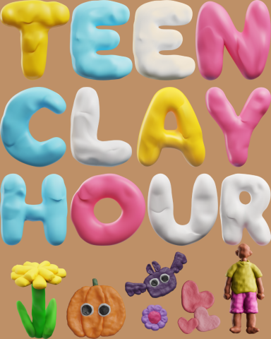 tHE WORDS TEEN CLAY HOUR IN CLAY WITH A YELLOW FLOWER, A PUPMKIN WITH EYES, A BAT, A PURPLE FLOWER, HEARTS, AND A PERSON ALL MADE OF CLAY.