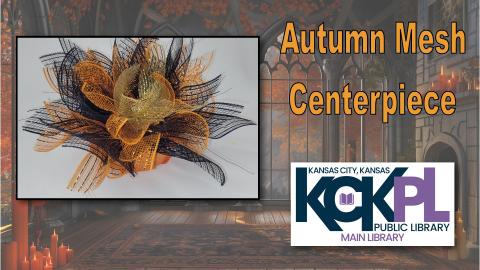 Orange black and gold sparkle mesh centerpiece on a dark background with the library logo and the words autumn mesh centerpiece