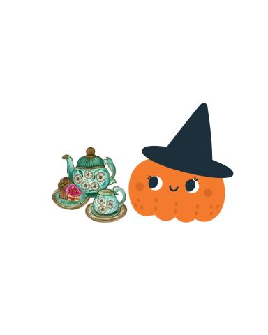 Tea set and pumpkin with witch hat