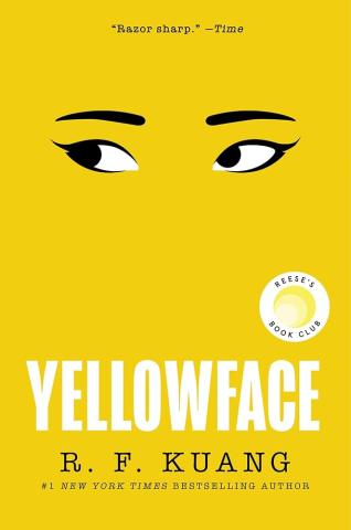 Yellowface by R. F. Kuang book cover, yellow cover with a pair of eyes and eyebrows looking to the side