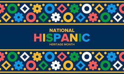 Image says "National Hispanic Heritage Month" with a navy blue background and swirls of reds, yellows, and green flowers.