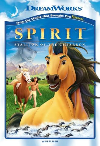 Movie theatrical poster with Spirit the horse on the left in a field and his friend a human to the left.