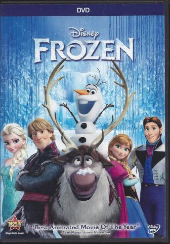DVD cover of Frozen with the cast and the moose smiling