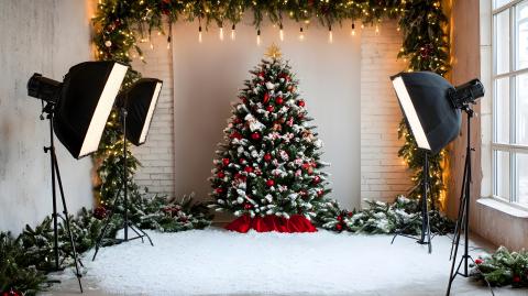 Photo studio with Christmas tree background and black spotlights