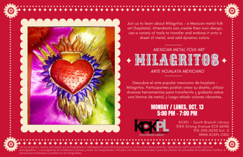 flyer for Milagritos program showing an example of Mexican folk art on a metal sheet