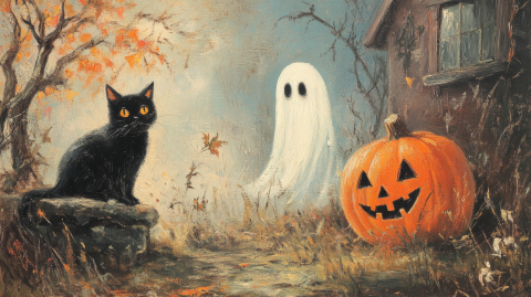 painting with black cat, ghost, and pumpkin in foreground