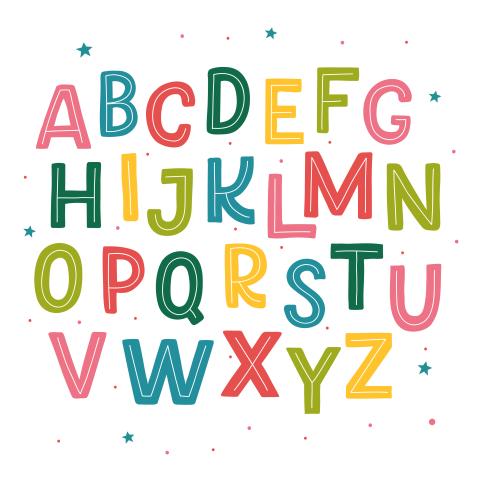 The full English alphabet in an assortment of colors