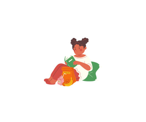 Girl sits reading with snacks next to her