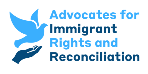 Advocates for Immigrant Rights and Reconciliation Logo with light blue and dark blue text and a cartoon of a hand holding a dove.