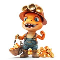 Dinosaur smiling, showing teeth, in overalls, holding a basket of golden nuggets.