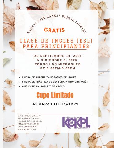 La Biblioteca Main ofrece clases básicas para estudiantes de inglés como segundo idioma (ELL) Las clases se llevan a cabo todos los miércoles de 6:00 PM- 8:00 PM. Es necesario registrarse.