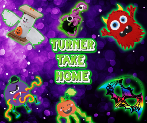 A bunch of different Halloween craftsL: Sew a monster, DIY Clay Creature, DIY Foam Monster   My Jack O' Lantern Buddy,  Color Scratch Monster Mask,  & Ghastly S'more 