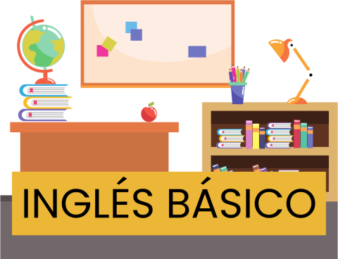graphic of drawn classroom elements including a desk bookcase and bulletin board with the words ingles basico.
