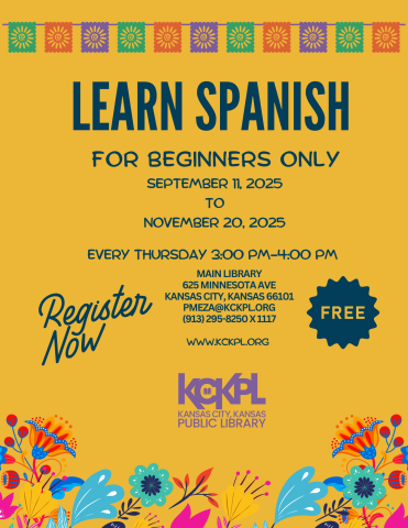 Spanish Classes for Beginners. 18 years and up. Main Library offers basic classes for Spanish Language Learners to improve pronunciation and vocabulary.  Classes are held every Thursday 3:00 PM- 4:00 PM.  Registration is necessary.