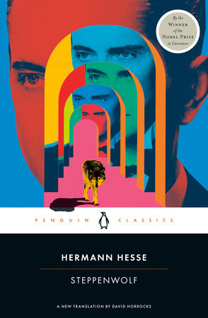Cover of Steppenwolf by Hermann Hesse, depicting a wolf stepping through consecutive images of an adult man arranged to appear like a hallway