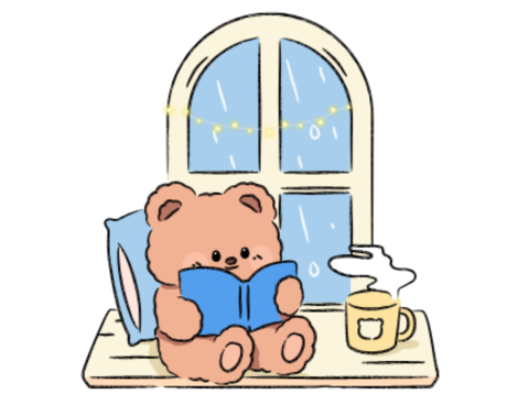 Teddy bear sits in front of window and reads