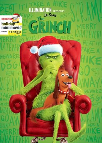 The Grinch wearing a red santa hat and sitting on a red chair with a green background for the The Grinch movie DVD cover.