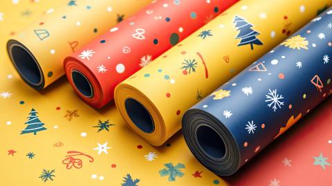 Gift wrapping paper rolls with drawings and Christmas decorations. In yellow, red and blue colors.