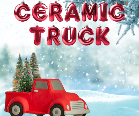 The picture shows a painted ceramic truck with little winter trees in the back.