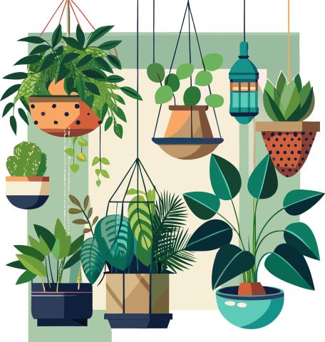 Animated design of different kinds of plants in hanging baskets
