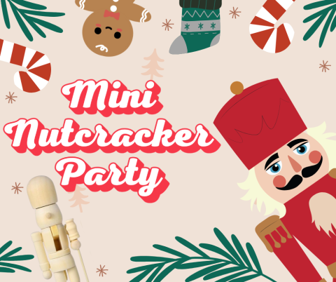 A picture with clipart holiday characters and a wooden nutcracker.