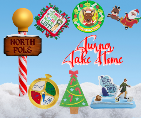 A picture showing different crafts like No Sew Elf Pillow, Pullback Santa's Sled, Howliday Ornament, North Pole Watch Craft, Colored Sand Tree, Buddy Foam 3D Scene. 