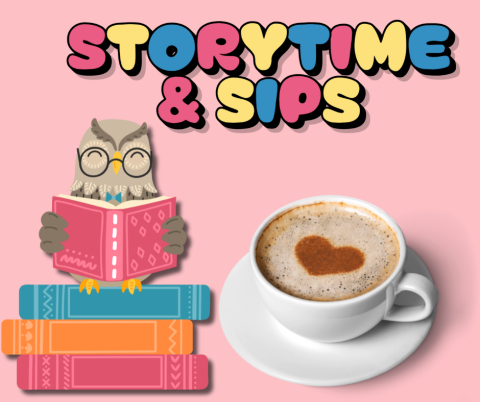 A graphic featuring an owl reading a book next to a cup of coffee.