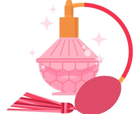 Pink perfume bottle with an old fashioned spray-squeeze pump