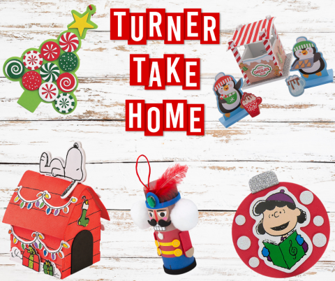 A picture of the crafts: Snoopy Doghouse, Nutcracker Craft, Hot Cocoa Booth, Peppermint Tree, Peanuts Ornament Magnet.