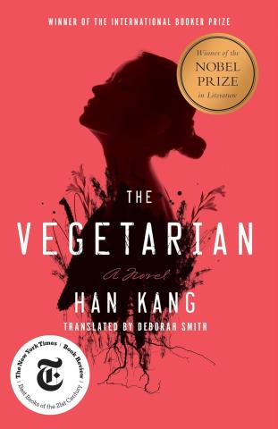 Cover for The Vegetarian by Han Kang. It depicts the silhouette of a bust of a woman with plants and roots growing out of her body.
