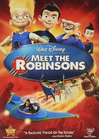 Meet the Robinsons text in the middle surrounded by the Robinsons family and Bowler Hat Guy on a rocket ship