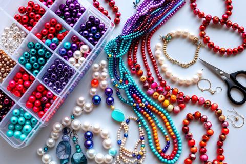 Strings of colorful beads and a pair of scissors on a white background next to a box of loose beads