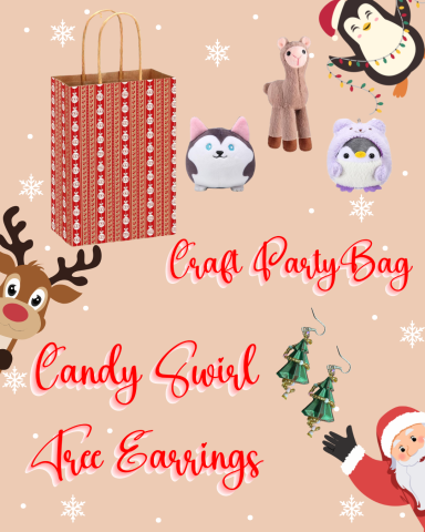 A picture of a Christmas Craft Party Bag and Candy Swirl Tree Earring. The stuffies that are available for the Christmas Craft Party Bag are a penguin, llama, or pup.