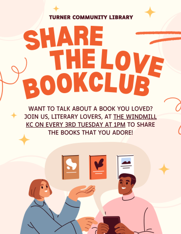A flyer for Share the Love Book Club that shows two people talking about books.