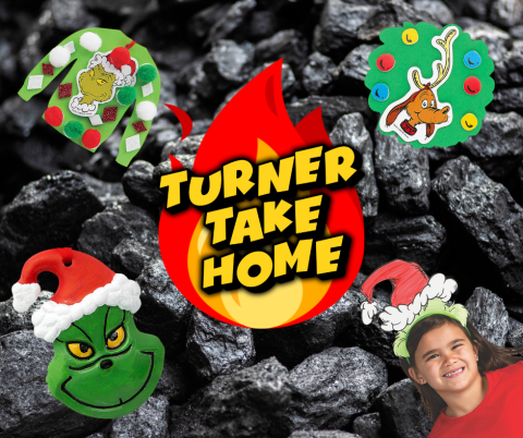 A graphic for our Turner Take Home Crafts: Ceramic Grinch, Whoville Magnet, Pom Pom Ugly Sweater, and Grinch Headband.