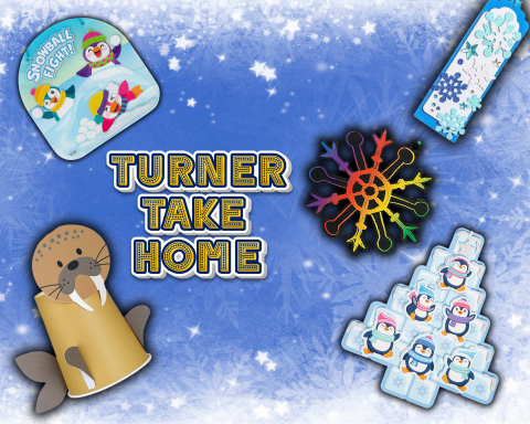 A flyer showing a rainbow snowflake, penguin snowball fight, winter cup animal, snowflake bookmark, and penguin igloo tree.