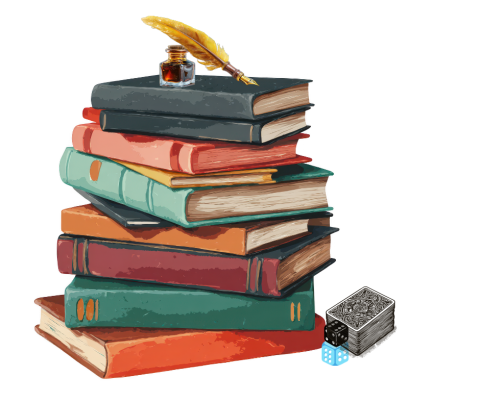 Stack of books with quill and ink perched on top, two dice and a deck of playing cards on the side