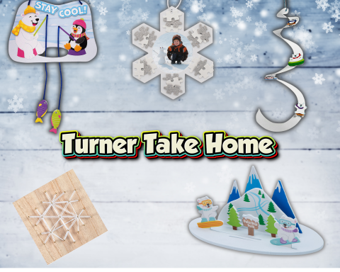 A picture of Snowflake String Art, Polar Bear Park, Ice Fishing Scene, Swirling Sled Dangle, and Puzzle Piece Snowflake crafts.