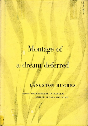 Cover for the 1951 edition of Montage of a Dream Deferred by Langston Hughes. It is a simple yellow cover with fire-like stripes across it.