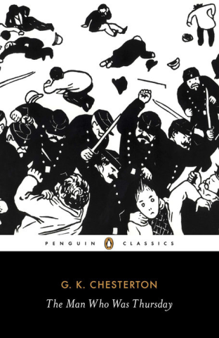 Cover for The Man Who Was Thursday by G. K. Chesterton. It depicts a group of British-style policemen beating a crowd of people.