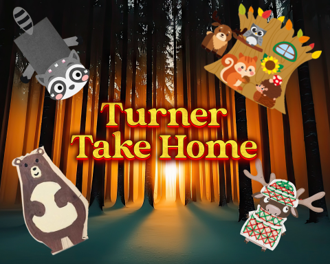 A graphic showing Turner Take-Home Crafts:  Stitch Sweater Moose, Paint a Woodland Animal, Forest Puppet, and Tree Trunk Sticker Scene.