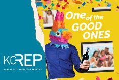 KCRep One of the Good Ones. Image of man wearing pinata head holding a bottle.  Confetti is falling with framed images in the background. 