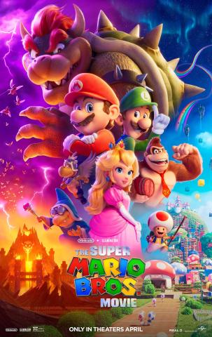 Toad holding a magic stick, Kamek gesturing with a wand, Peach in a pink dress, Mario in a red hat and overalls, and Lugi in a green hat and overalls all stacked on top of each other with a large Bowser grinning evilly down. 