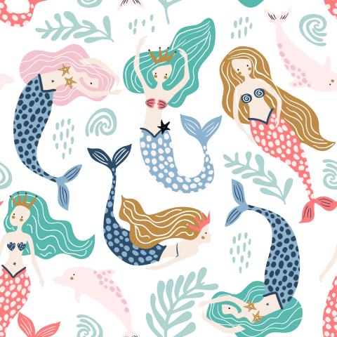 Seven mermaids with long hair swimming around a white background with seaweed floating