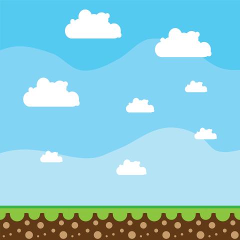 Video game landscape with brown dirt, green grass, blue sky, and white clouds. 