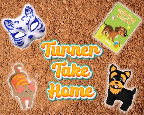 A graphic showing crafts: Sew a Puppy or Kitten, Cat Mask, Doggie Coloring Book, & Craft Tube Cat.