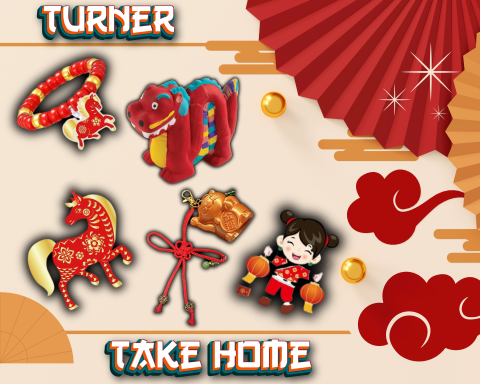 A graphic showing Chinese New Year Crafts: Year of the Horse Bracelet, Ceramic Dragon, Lucky Cat Dangle, Scratch Off Golden Horse, & Chinese New Year Stickaroo.