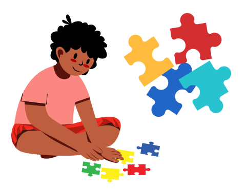 Kid playing with rainbow puzzle pieces