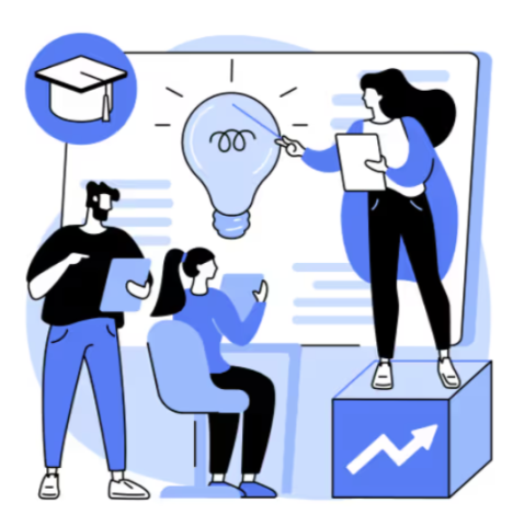 3 personas trabajando en un taller, una es maestra. 3 people in a workshop working together. One is a teacher.