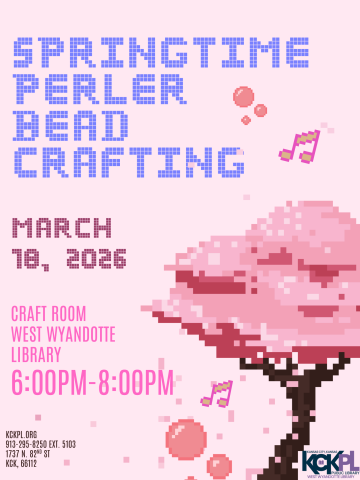 Springtime Perler Bead Crafting Poster on Light Pink Background with Pixelated Cherry Blossom Tree in style of perler bead art
